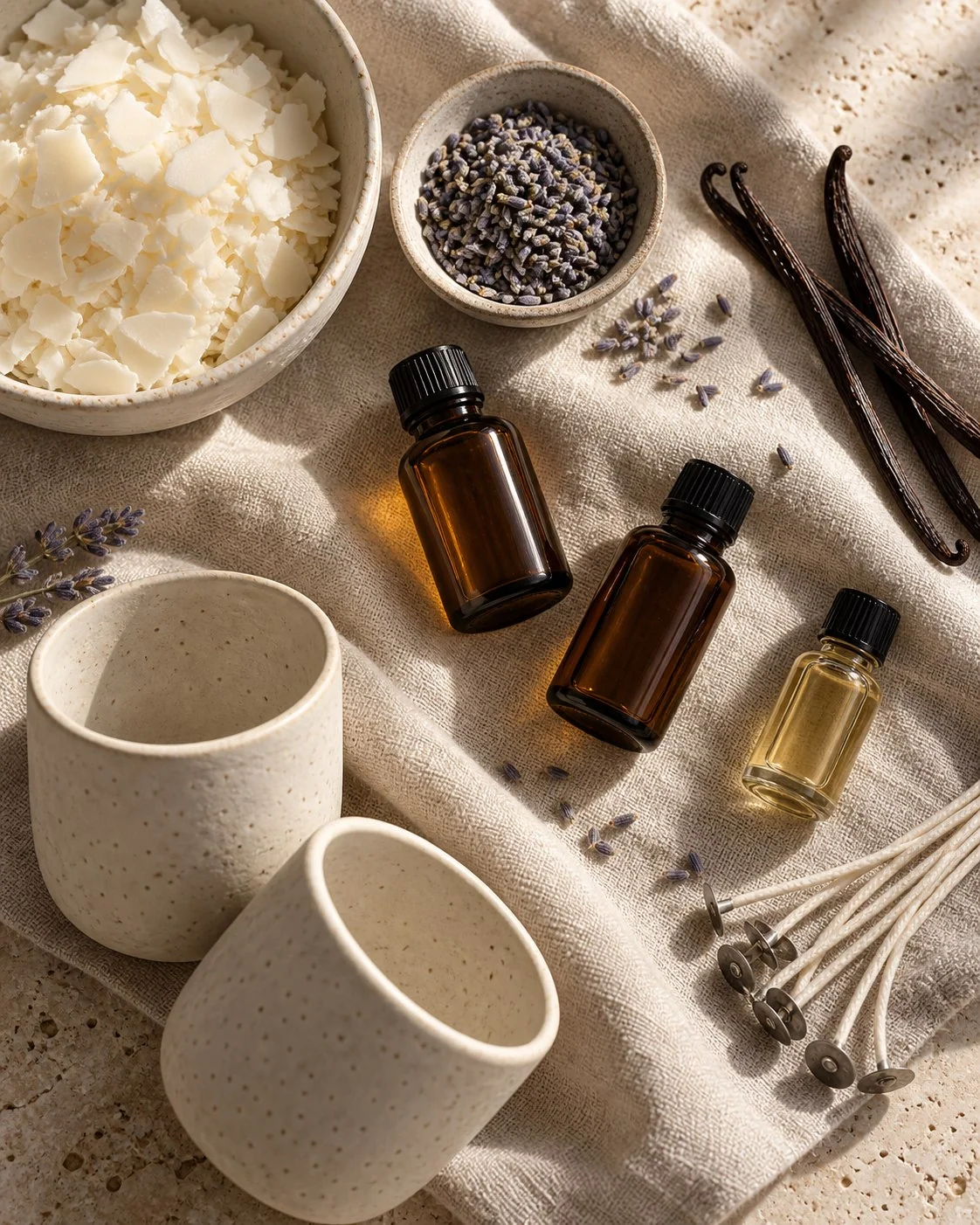 Fulgi de ceară de soia, lavandă, sticluțe cu parfum și fitiluri, alături de vase ceramice pe o pânză de in